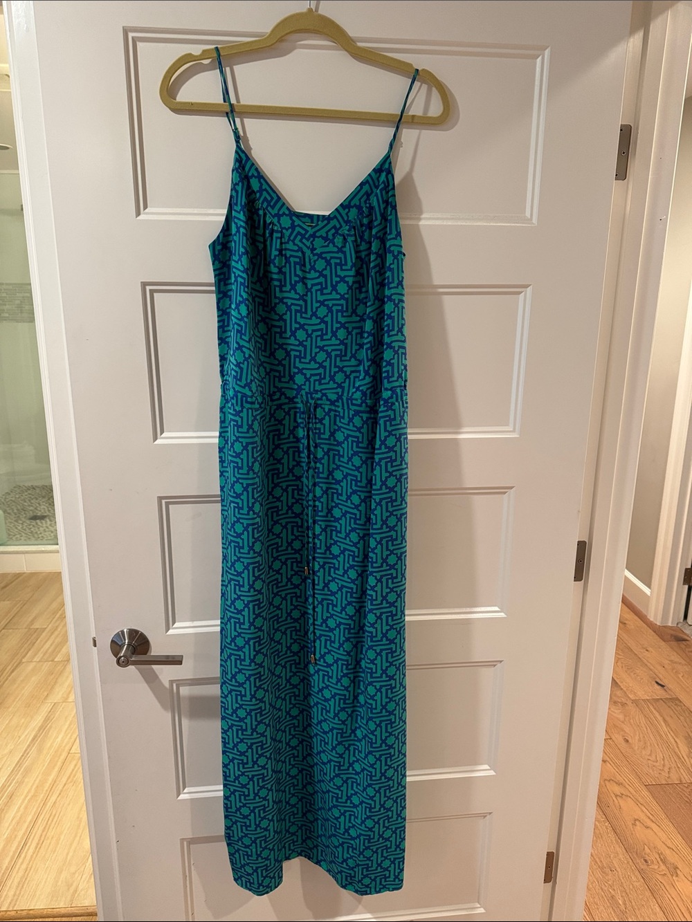 Silk Blue Turquoise Geometric Slip Maxi Dress